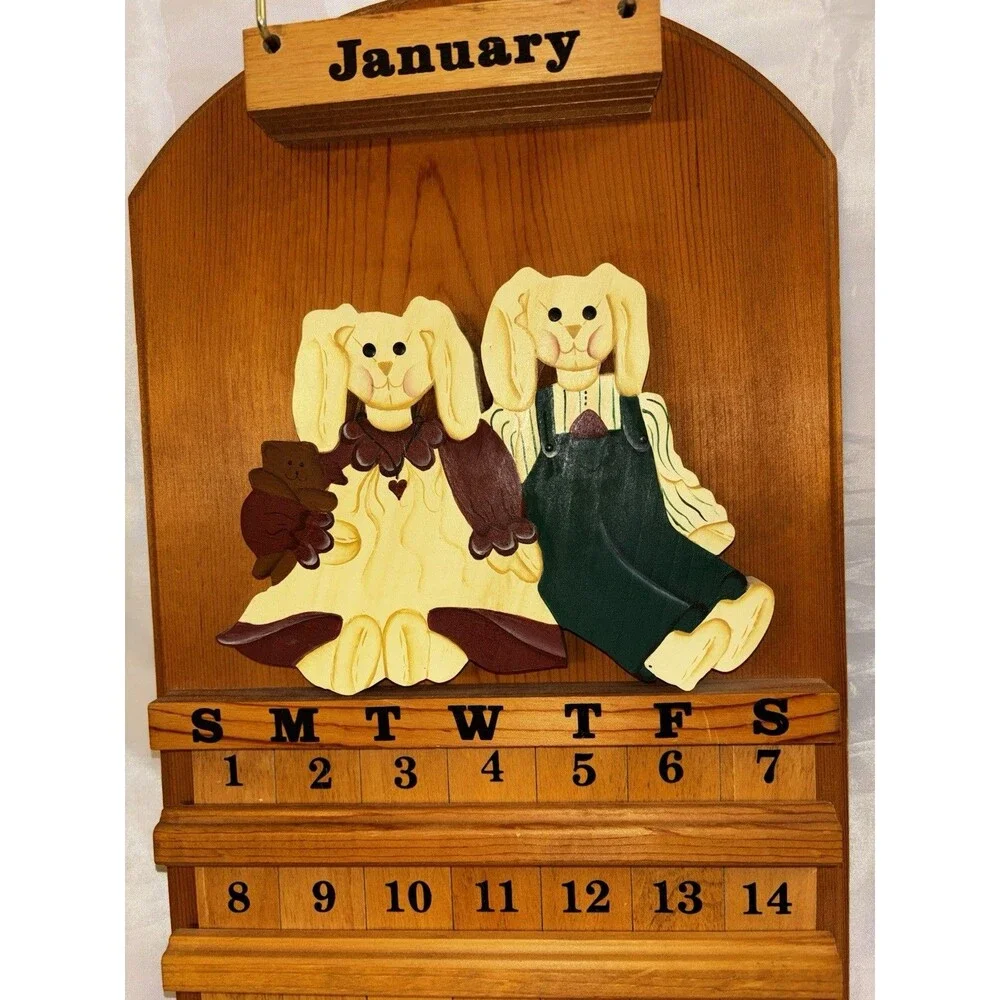 Vintage Wooden Perpetual Calendar Bunnies Cottage Core Decor